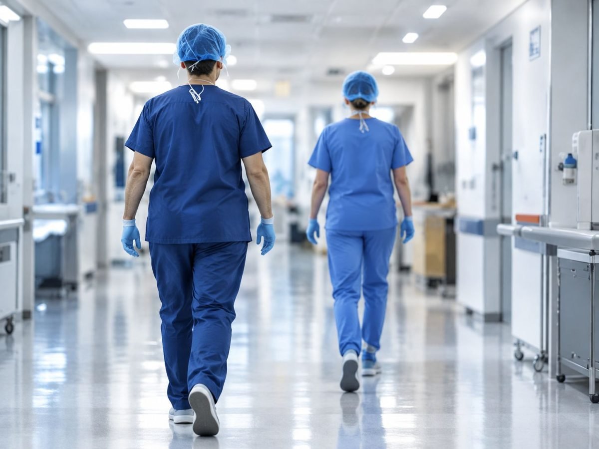 Clinicians walking along a hospital ward corridor