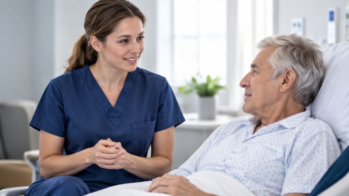 Nurse talking with a patient at his bedside