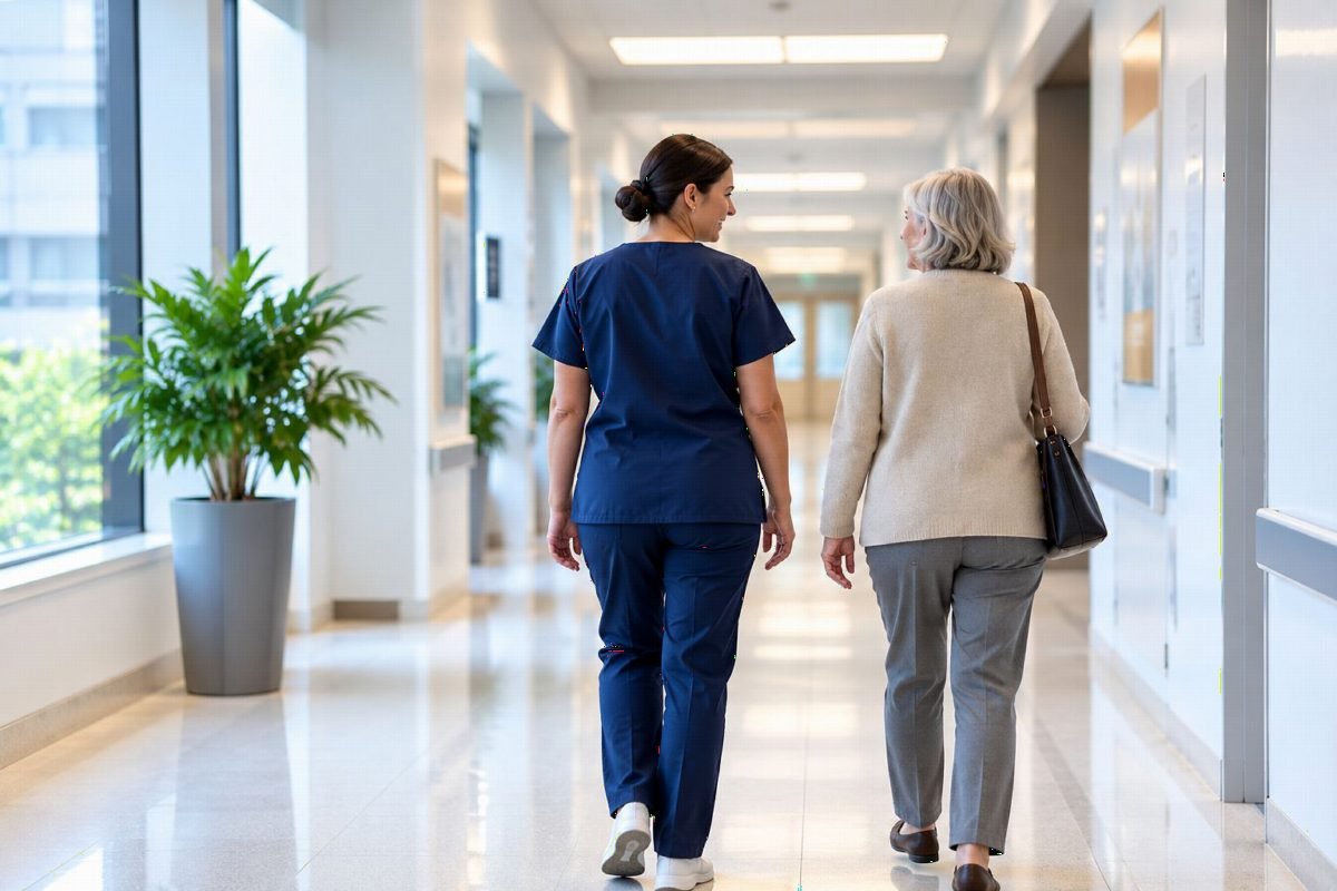 Elective Services nurse walking a patient along a hospital corridor